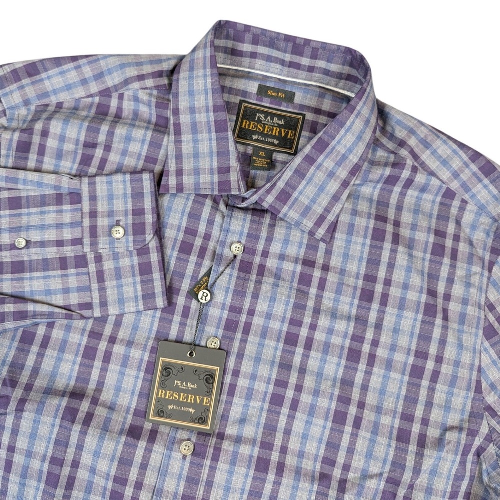 Jos A Bank Reserve Mens XL Slim Fit Purple Plaid Egyptian Cotton Dress Shirt NWT